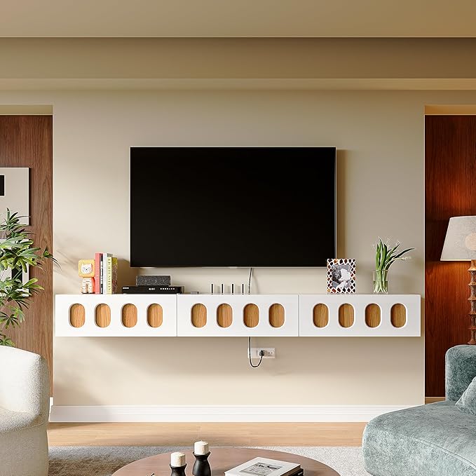 Floaticase Floating TV Stand, 70IN Fully Assembled High Gloss Wall Mounted Entertainment Center with Flip-Down Doors & Drawers, TV Console Under TV Shelf for Bedroom Livingroom