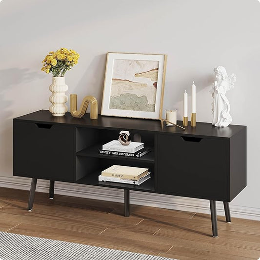 ALINE FURNITURE Black TV Stand for 50 55 60 inch TVs - Media Console with 2 Cabinets & Open Shelves, Solid Wood Legs - TV Consoles for Living Room - 22" H Entertainment Center for Bedroom
