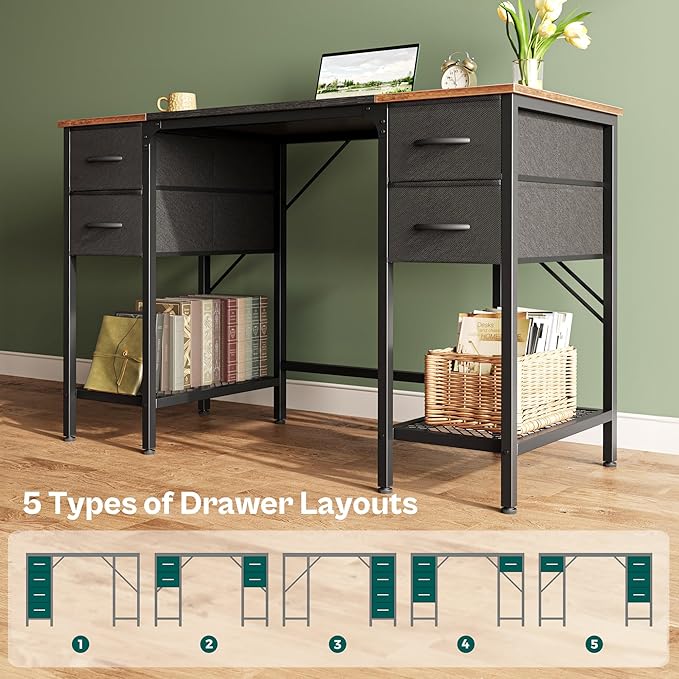 Huuger 47 Inch Computer Desk with 4 Drawers, Office Desk with Mesh Shelf, Gaming Desk, Large Storage, Writing Work Desk for Home Office, Study, Bedroom, Work from Home, Rustic Brown and Black
