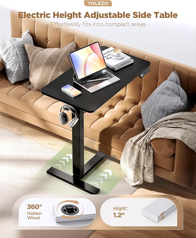 Electric Adjustable Height Standing Desk - Small Sit Stand Portable Rolling Laptop Table with Hidden Wheels, Small Computer Workstation for Bedside & Home Office Use (28"x16", Black)