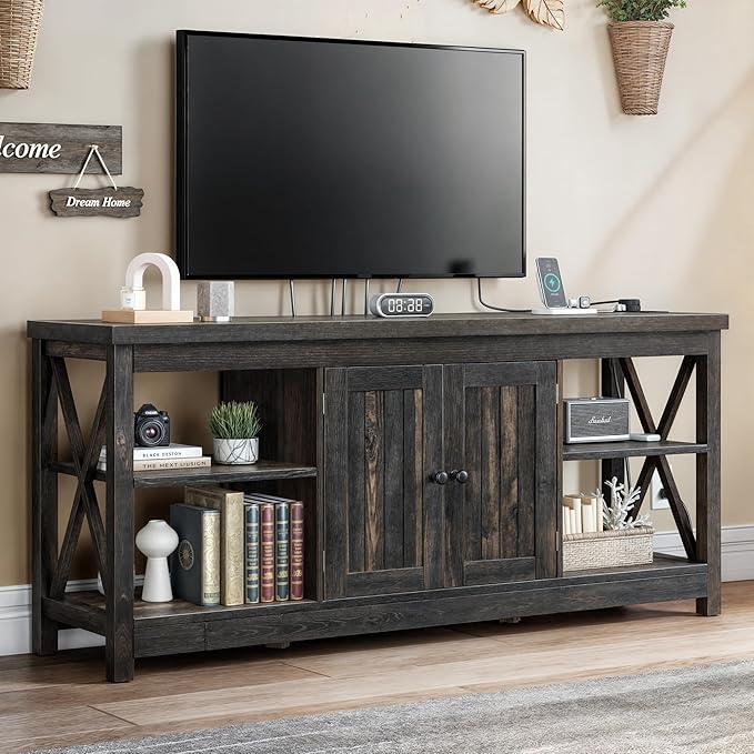 YITAHOME TV Stands for Living Room, Modern Entertainment Center with Power Outlet for Television up to 65 Inch, Farmhouse Media Console TV Cabinet with Adjustable Shelf & Open Shelves, Dark Rustic Oak