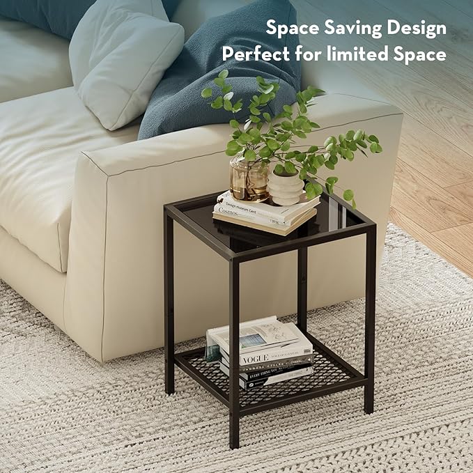 SAYGOER Black Side Table Small Glass End Table 2-Tier Narrow Square Bed Side Tables, 13.4"x11.8"x19.7", Sofa Small Leisure Table with Black Metal Frame for Modern Living Room Bedroom, BK Glass