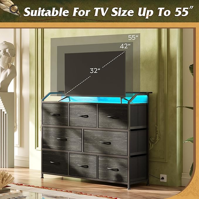 WLIVE Led Dresser for Bedroom, TV Stand for Bedroom with LED Lights and Power Outlet, Wide Chest of Drawers for Hallway, 8 Fabric Drawers for Living Room and Entryway, Charcoal Black Wood Grain Print