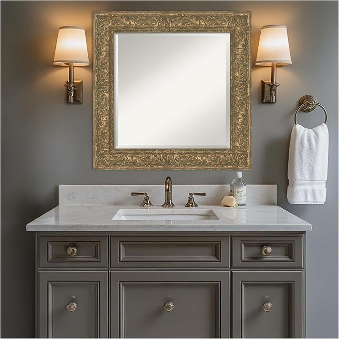 Amanti Art Bronze Bathroom Mirror for Over Sink, 27x27 Luxe Bronze Gold Square Vanity Mirror, Medium Traditional Frame, Hangs Horizonally and Vertically, Bathroom Wall Decor, Beveled Edge
