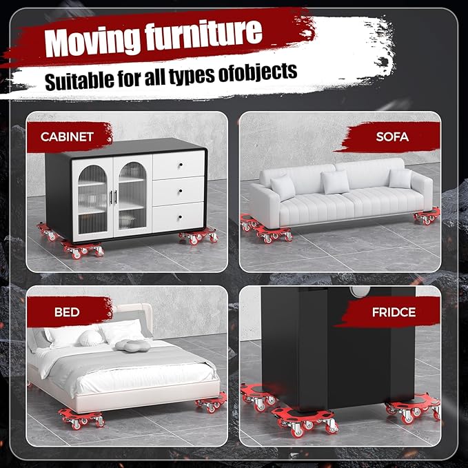Upgraded Furniture Dolly Movers 5 Wheel Heavy Duty 3000LBS Capacity Carbon Steel Panel 360° Rotating Casters Furniture Slider for Sofa Refrigerator Piano (Red, 6in)