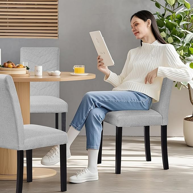 VECELO Upholstered Dining Chairs Set of 6, Fabric Wood Legs High Back for Kitchen Living Room, Light Gray