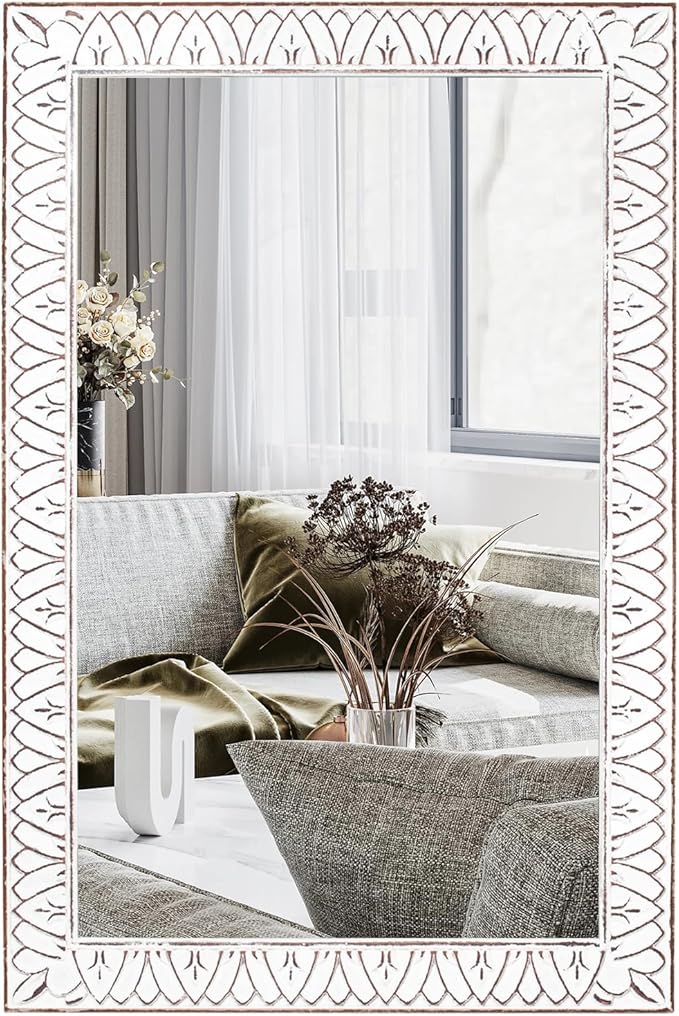 36x24 Inch Farmhouse Rectangle Wall Mirrors with Wooden Frame, Rustic Decorative Rectangular Mirror for Living Room, Bedroom, Bathroom, Entryway - Vertical/Horizontal Hanging
