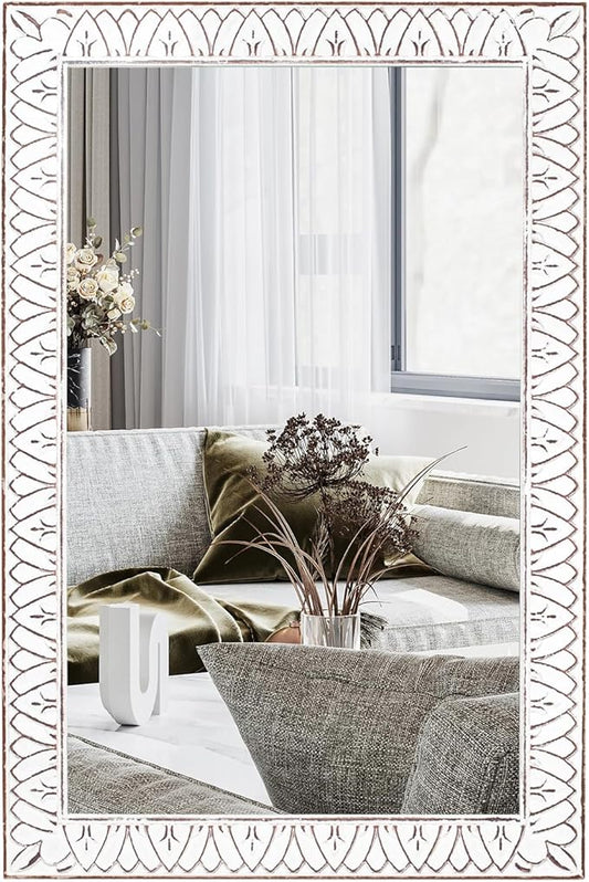36x24 Inch Farmhouse Rectangle Wall Mirrors with Wooden Frame, Rustic Decorative Rectangular Mirror for Living Room, Bedroom, Bathroom, Entryway - Vertical/Horizontal Hanging