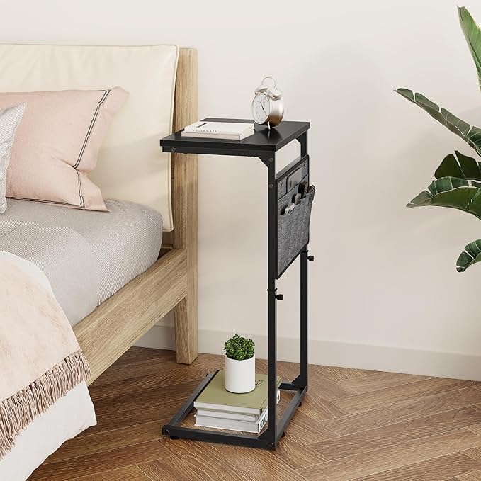Vagusicc C Shaped End Table, 33'' Tall Side Table for Couch, Adjustable Height Small Couch Side Table for Small Spaces, Couch Table Slide Under Sofa Table TV Tray Table for Living Room Bedroom, Black
