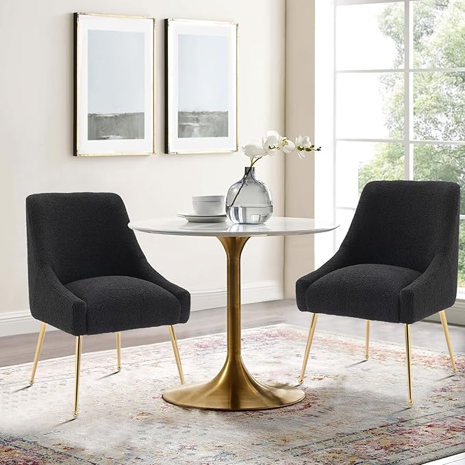 Dining Chairs Medieval Modern Restaurant Chairs, Soft Cushions, Teddy Velvet, Polished Gold Metal Legs, Kitchen Chairs, Living Room Black 6-Piece Set