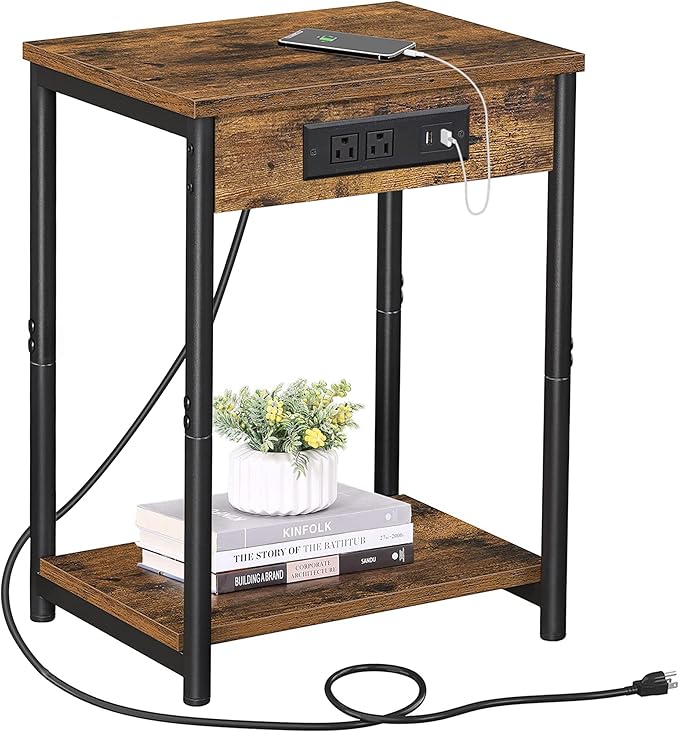TUTOTAK Nightstand with Charging Station, End Table, Side Table with USB, 21.8”H Night Stand with Storage Shelf, Sofa Couch Table V1TB01BB025 (1 pc)