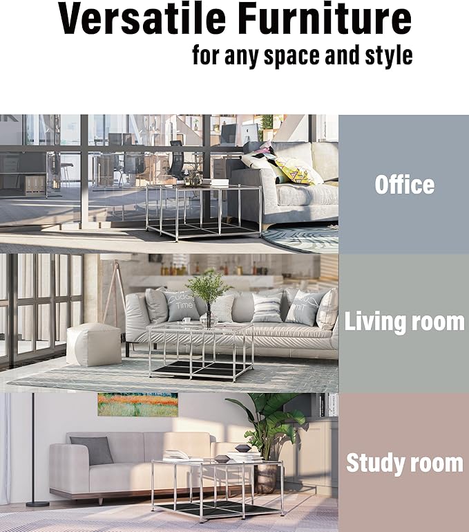 Matte Coffee Table with Open Storage, Square Tempered Glass Storage Rolling Coffee Table, Modern Design for Living Room, Meeting Room (Black)