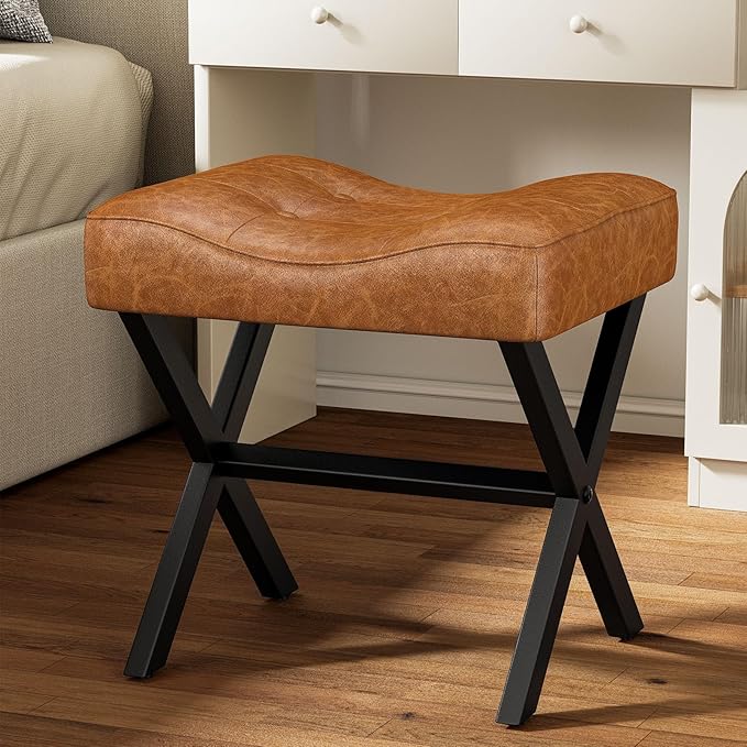 18-Inch Large Leather Vanity Stool, Vanity Chair with Metal X-Leg, Ottoman Foot Stool with Thick Padded Saddle Seat, Brown