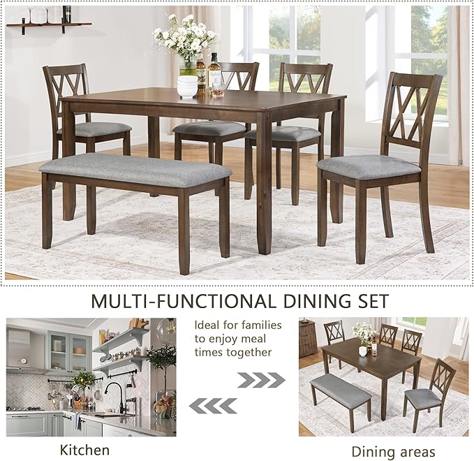 soges 6 Piece Kitchen Dining Set, Rectangular Wooden Dining Table with 4 Upholstered Chairs and a Bench, Morden Dining Table Set for 6 People, Living Room, Home and Kitchen, Walnut