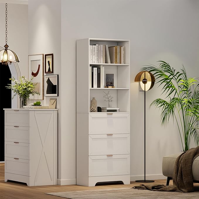 71" Tall Modern White Bookshelf with Storage 3 Drawers Freestanding Display Bookcase, Tall Book Shelf with Organizers and Storage, Display case for Home Office, Living Room,Study,White