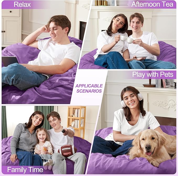 Homguava 4 FT Bean Bag Chair: 4' Bean Bags with Memory Foam Filled, Large Beanbag Chairs Soft Sofa with Dutch Velvet Cover-Purple
