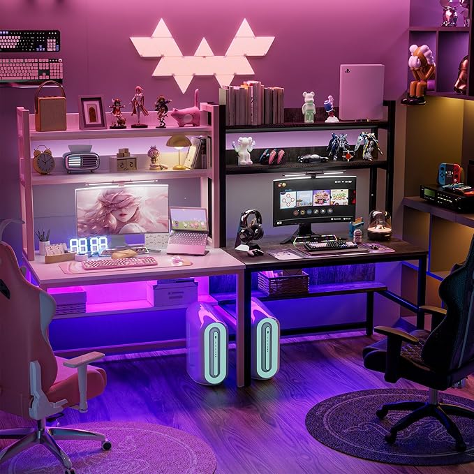 Aquzee Pink Desk with Hutch for Girls, 55in Computer Desk with Bookshelf for Teens Adults, Craft Table for Bedroom Kids Room, White Pink Study Table with Shelves for Storage