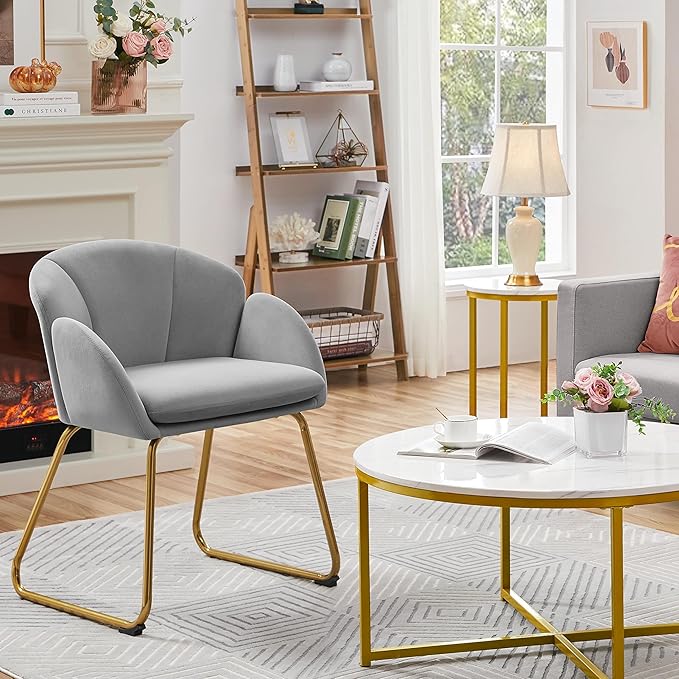 Yaheetech Flower Shape Velvet Vanity Chair, Modern Side Chair Armchair with Golden Metal Legs for Living Room/Dressing Room/Bedroom/Home Office/Kitchen, Gray