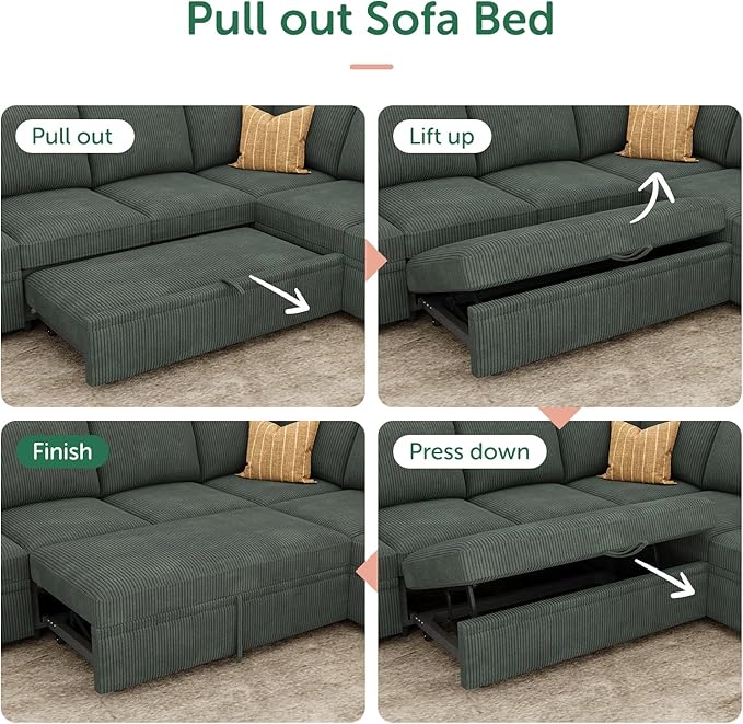 HONBAY Modular Sectional Sleeper Sofa Bed, Corduroy Pull Out Couch with Storage Ottoman, U Shaped Sectional Couches for Living Room, Green