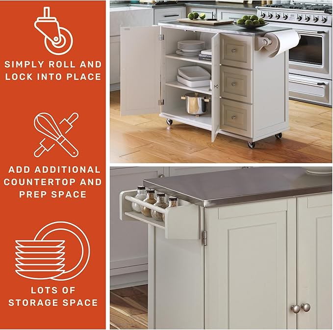 Homestyles Dolly Madison Rolling Mobile Kitchen Island with Storage and Towel Rack, 54 Inch Width, Off White