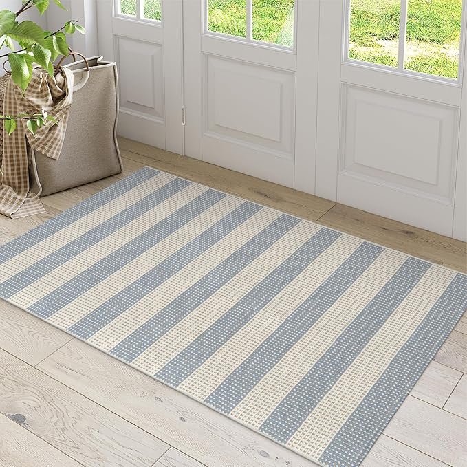 OJIA Washable Outdoor Rug 3'x5', Blue/White/Tan Outdoor Area Rug Entryway Rugs Indoor Door Mat Front Porch Rug Cotton Small Checkered Rug Floor Carpet for Entry/Patio/Bedroom/Living Room