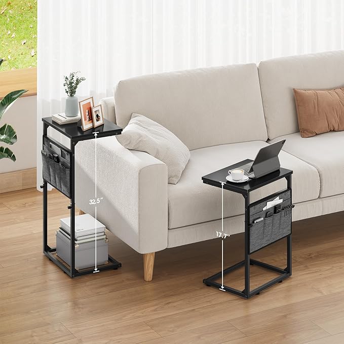 Vagusicc C Shaped End Table, 33'' Tall Side Table for Couch, Adjustable Height Small Couch Side Table for Small Spaces, Couch Table Slide Under Sofa Table TV Tray Table for Living Room Bedroom, Black
