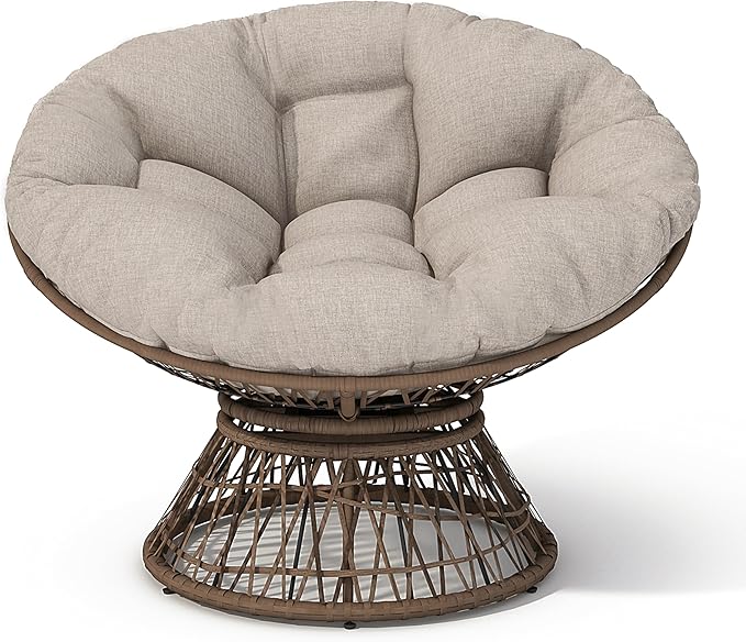 Ball & Cast Ergonomic Wicker Chair with Cloud Thick Density Fabric Cushion,Accent Chair W/ 360 Degree Swivel,Sturdy Metal Frame,Height Adjustable,for Reading,Living Room Bedroom,Lounge,Brown+Beige