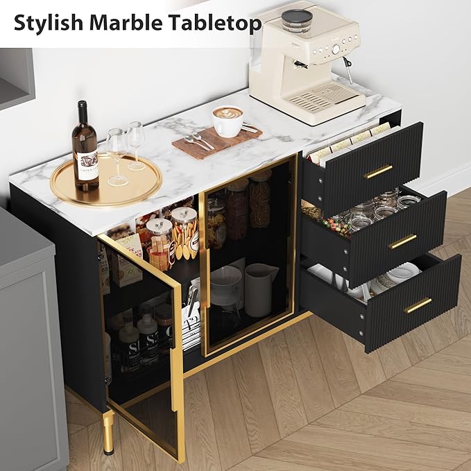 Buffet Sideboard Cabinet with Storage, 46.4" Large Fluted Kitchen Sideboard Cabinet with 2 Glass Doors 3 Drawers and Shelves, Faux Marble Top Buffet Table for Dining Room, Living Room, Black