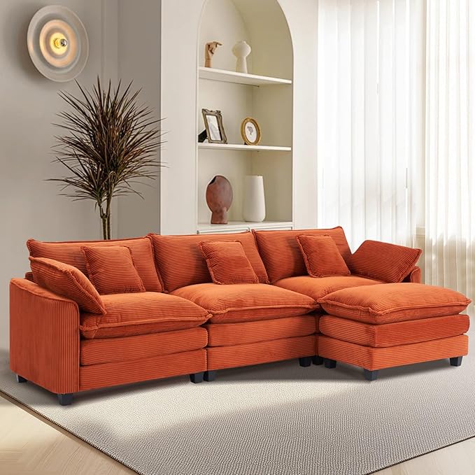 Furniliving 117‘’ L-Shaped Sofa, Luxury Corduroy Modular Sectional Couches with Ottoman, Upholstered Deep Seat Sleeper Sofa with Memory Foam and Waist Pillows, Orange