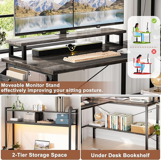 Aheaplus L Shaped Gaming Desk with Power Outlets & LED Lights, Small L- Shaped Desk Computer Corner Desk with Monitor Stand & Storage Shelf, Home Office Desk Writing Desk with Storage Bag, Grey Oak