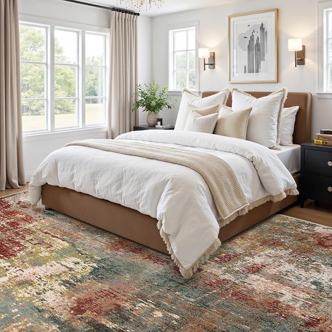 Washable Area Rugs 8'x10' Non-Slip Modern Abstract Soft for Living Room Entryway Bedroom Nursery, Print Pattern, Brown Rust Red Multi