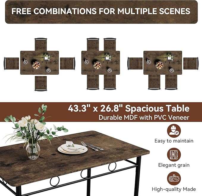 Vipbear Kitchen Dining Table Set for 4, 5-Piece Kitchen Table Set,Dining Room Table Sets,Rectangular Kitchen Table Set with 4 Chairs for Small Space, Dinette,Apartment, Rustic Brown