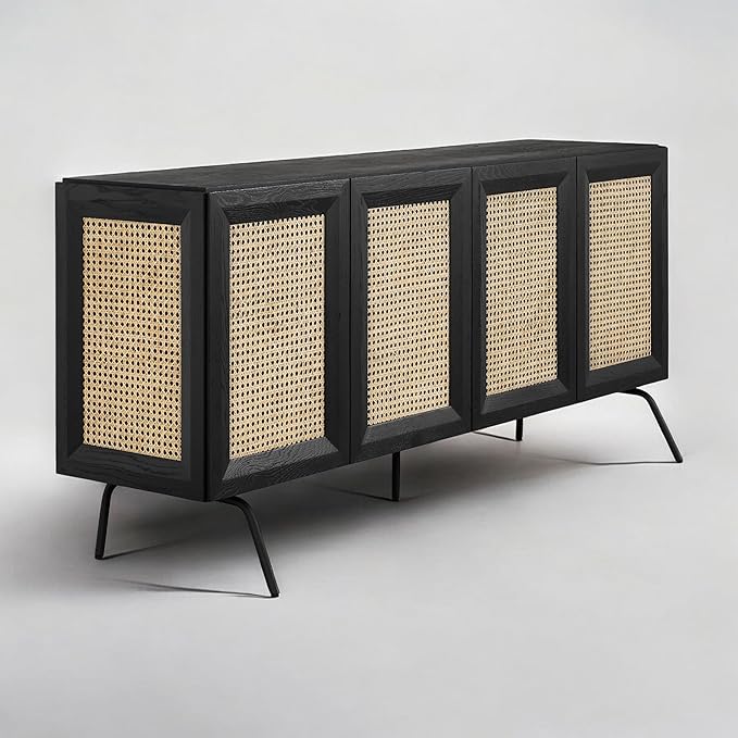 NTC MOSSIC Modern Sideboard with 4 Doors, Natural Rattan Storage Cabinet, Buffet with Metal Legs, Boho Accent Cabinet for Living Room, and Entryway, Effortless Assembly - Burnt Black