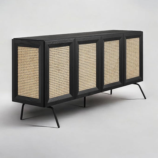 NTC MOSSIC Modern Sideboard with 4 Doors, Natural Rattan Storage Cabinet, Buffet with Metal Legs, Boho Accent Cabinet for Living Room, and Entryway, Effortless Assembly - Burnt Black
