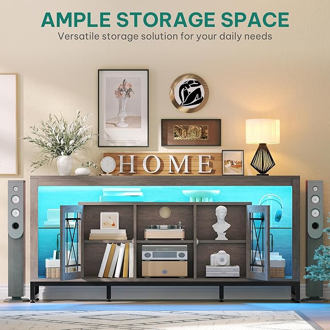 YITAHOME 33.5'' Tall TV Stand for 75 inch TV, LED Entertainment Center with Storage, Grey TV Stands for Living Room with Acrylic Doors & Power Outlets, Tall TV Console Cabinet, Grey