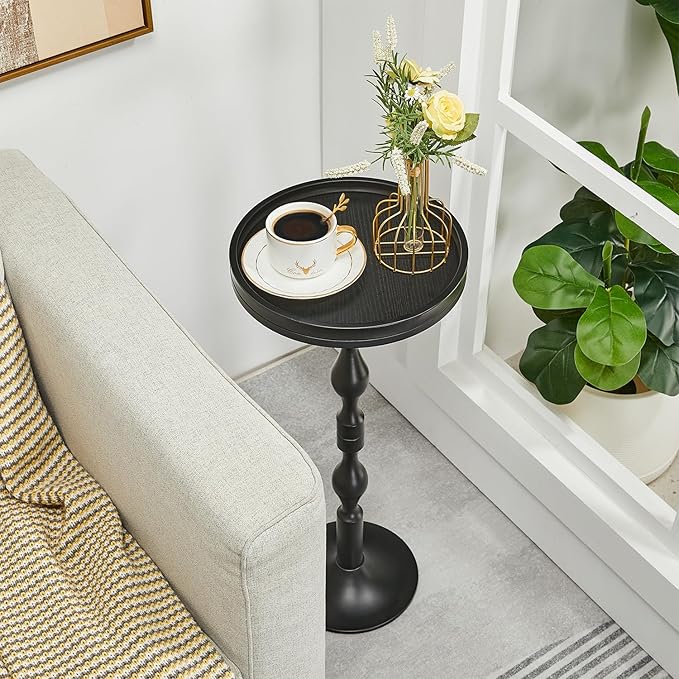 Small Round Drink Table,Pedestal Tables,Small Round Side Table for Narrow Spaces,End Table for Living Room, Bedroom, Bathroom,Balcony (Black)