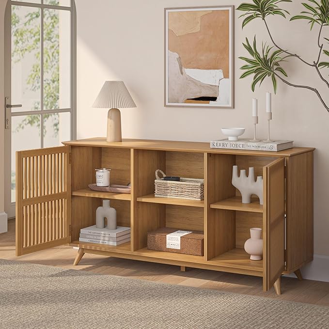 Plank+Beam Mid-Century Modern Wood TV Stand, Solid Wood Entertainment Console with Storage, 59" L x 16" W x 30" H, Pecan