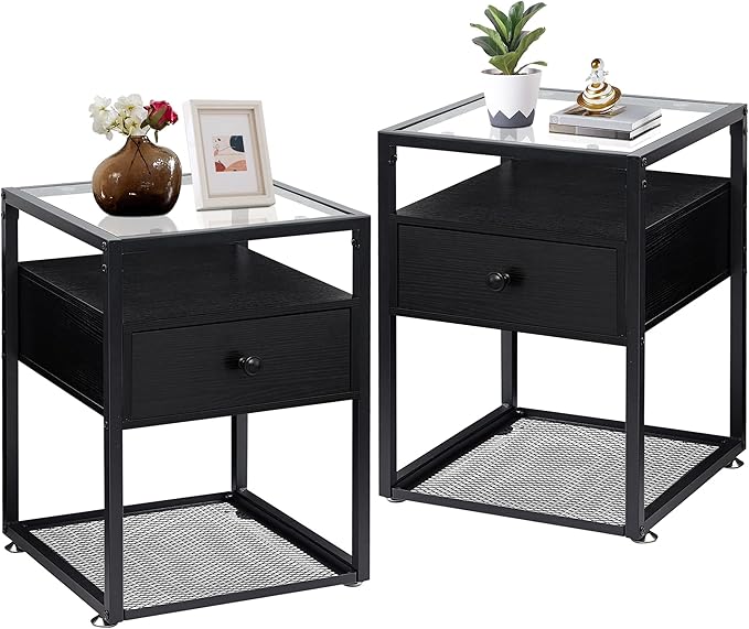 VECELO End Table, Modern Nightstand with Drawer, Night Stand Set of 2 for Bedroom Living Room,Tempered Glass