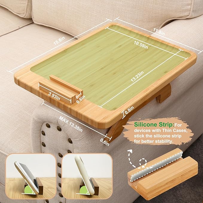 SINWANT Couch Arm Tray Table, Large Bamboo Couch Armrest Table with Phone Holder,Foldable Sofa Armrest Tray for Eating Snacks Drinks Remote Books Arm Chair