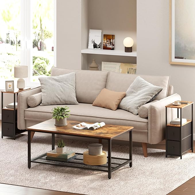 TUTOTAK Small Narrow End Table, Set of 2, Side Table, Nightstand with 2 Cloth Drawers, Couch Table, for Living Room, Bedroom, Bedside, Brown and Black TB01BB054K