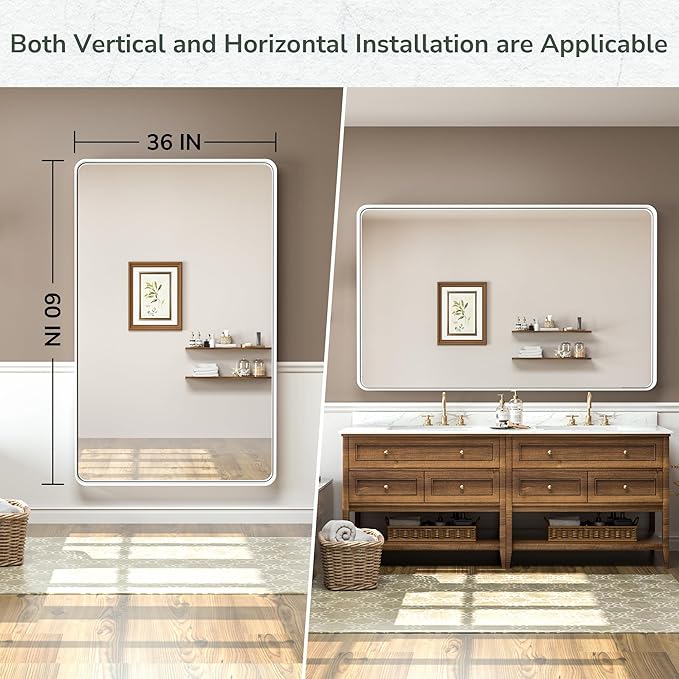 TokeShimi 60 x 36 Inch White Bathroom Mirror for Wall with Non-Rusting Aluminum Alloy Metal Frame Rounded Corner Rectangle Mirror for Modern Farmhouse Home Decor Mirror(Horizontal/Vertical)