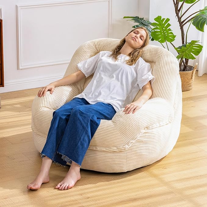 Giant Bean Bag Chair with Armrests - Oversized Cozy Seating for Adults, Corduroy Fabric & High - Density Foam Filling, Ideal Lounge for Living Room, Bedroom & Gaming Room (White)