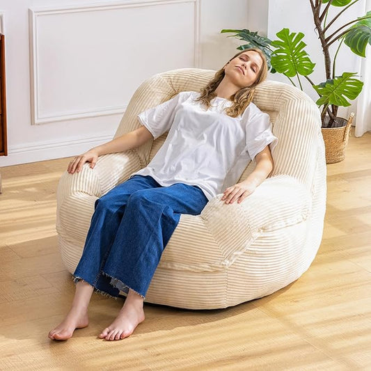 Giant Bean Bag Chair with Armrests - Oversized Cozy Seating for Adults, Corduroy Fabric & High - Density Foam Filling, Ideal Lounge for Living Room, Bedroom & Gaming Room (White)
