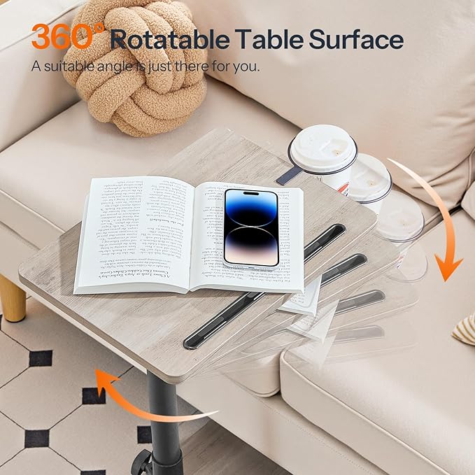 HOOBRO TV Tray Table, 360° Swivel Side Table Sofa Armrest Tray for Couch, Height Adjustable C Shaped End Table, Snack Desk with Cup Holder, for Small Spaces, Greige and Black BG234BZ01