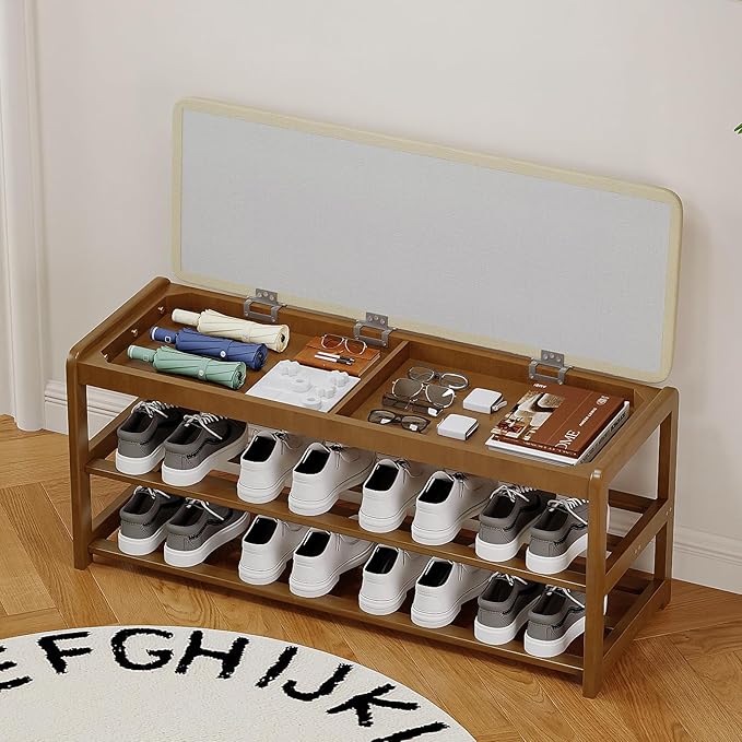 2-Tier Bamboo Shoe Bench with Cushion and Hidden Drawer, Entryway Shoe Rack Organizer with Storage for Hallway, Bedroom, Front Door, Mudroom Seating Bench, Walnut
