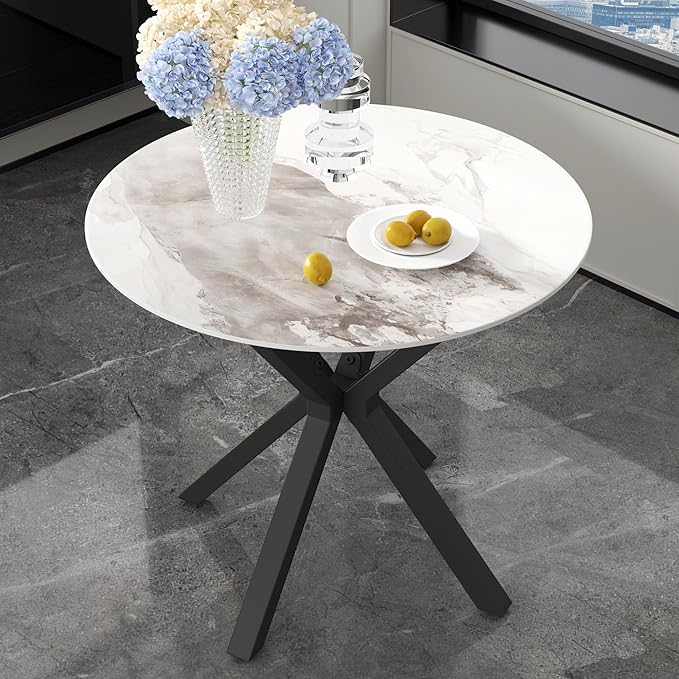 Marble Round Dining Table with Black Metal Legs, 32 in Modern Sintered Stone White Kitchen Table Circle Table for Dining Room Kitchen