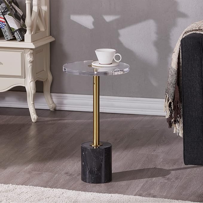 LIKENOW Furniture Acrylic Side Table,Clear Small Round End Table for Living Room,Bedroom,Office | Modern Nightstand with Marble Base,Gold Post,Clear Top for Drink,Food,Snack,Assembly(Black)