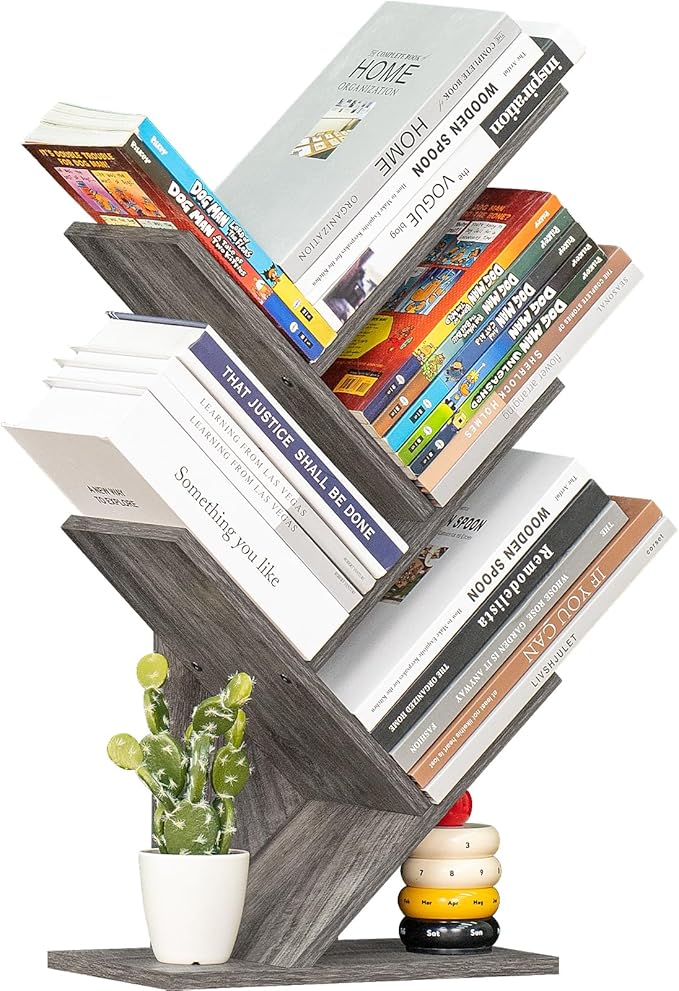 5 Tier Tree Book Shelf, Small Desktop Bookshelf with Storage Organizer, Wood Bookcase, Desk Display Bookshelves, Floor Standing Organizer Bookcases for Living Room,Bedroom,Office - Light Grey