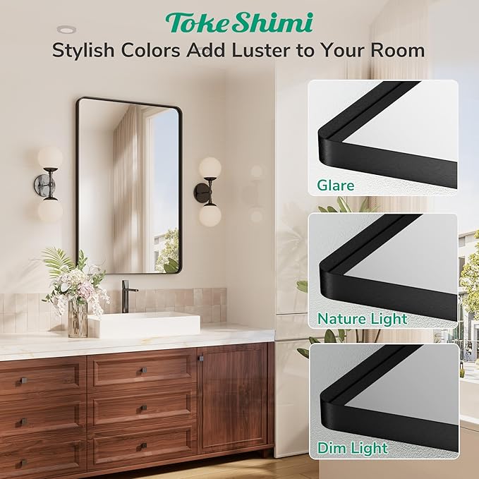 TokeShimi Black Bathroom Mirror,40x30 Large Bathroom Mirror Rectangle,Aluminum Vanity Mirror Bathroom Wall with Tempered Glass,Modern Matte Black Mirror Framed Seamless(Horizontal/Vertical)
