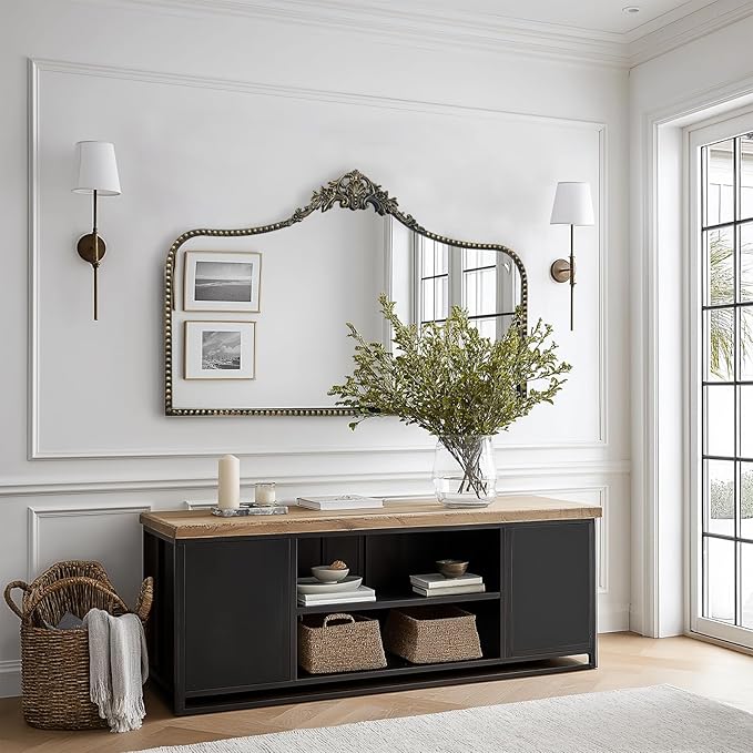G-LEAF Vintage Baroque Mirror 48"X30", Victorian Antique Mirror with Black Brush Gold Ornate Metal Frame for Fireplace Entryway Living Room Hallway Bathroom